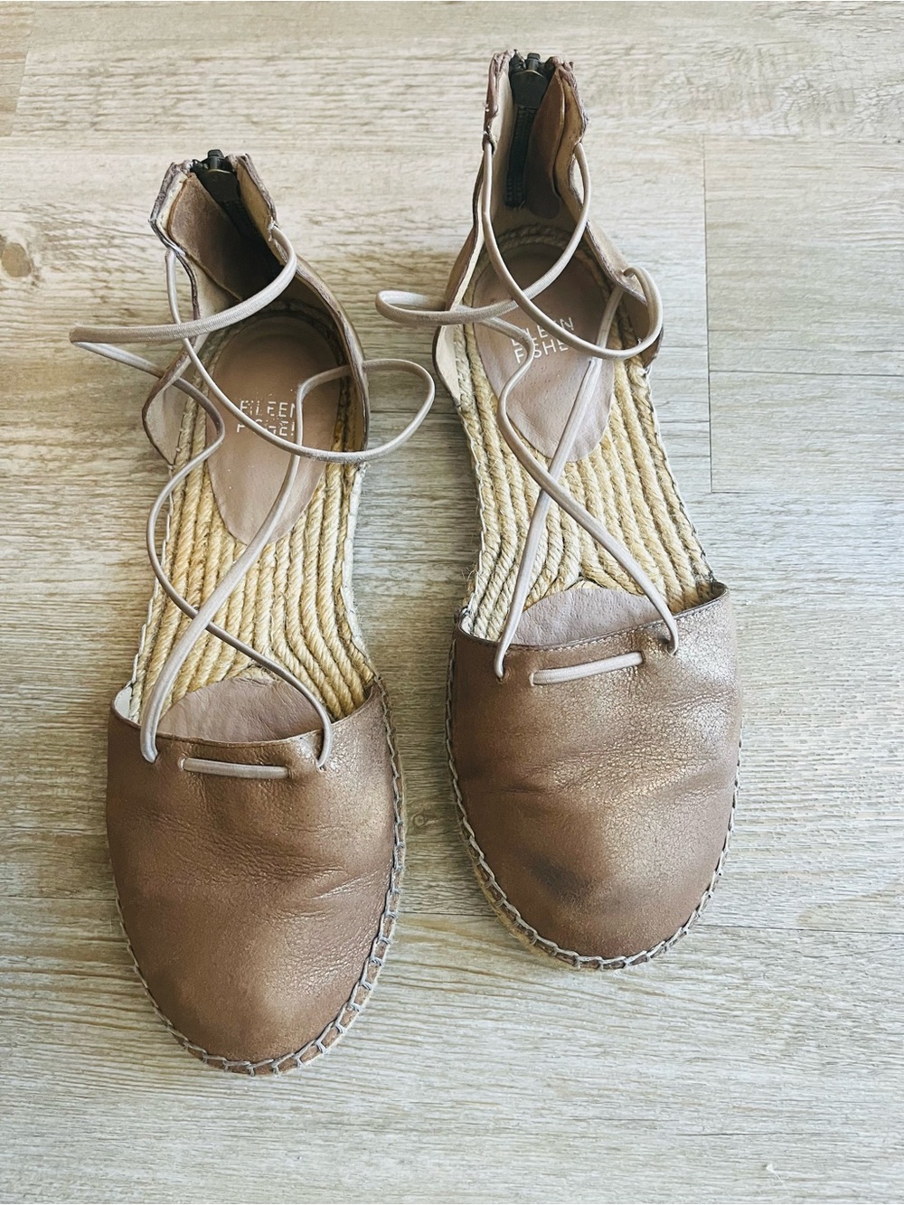 Eileen Fisher Tan Leather Espadrille Lace-Up Sandals